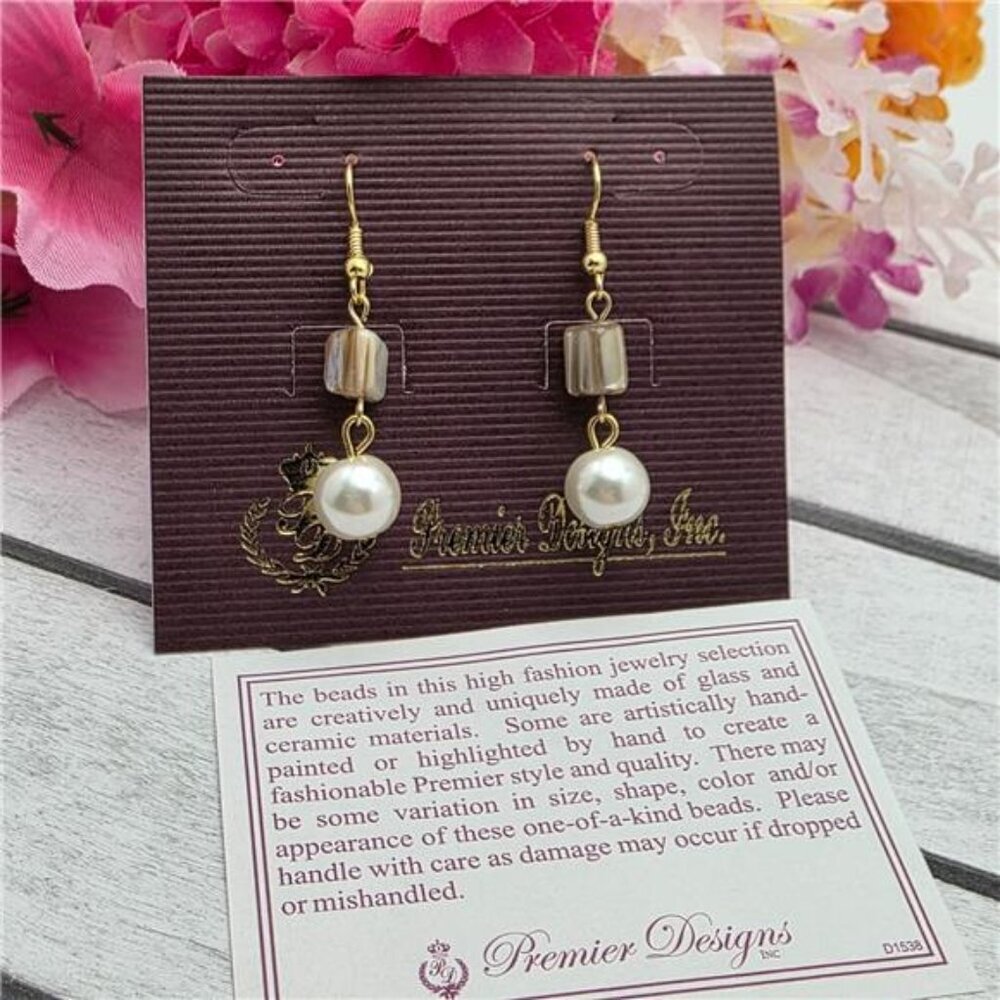 Premier Designs Faux Pearl Drop Earrings Gold Tone 21mm Hook Wire